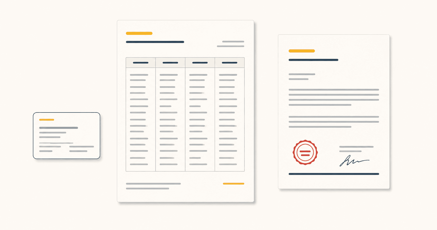 Three documents of different sizes side by side: a small wallet card, a full-page medication table, and a signed medical order form