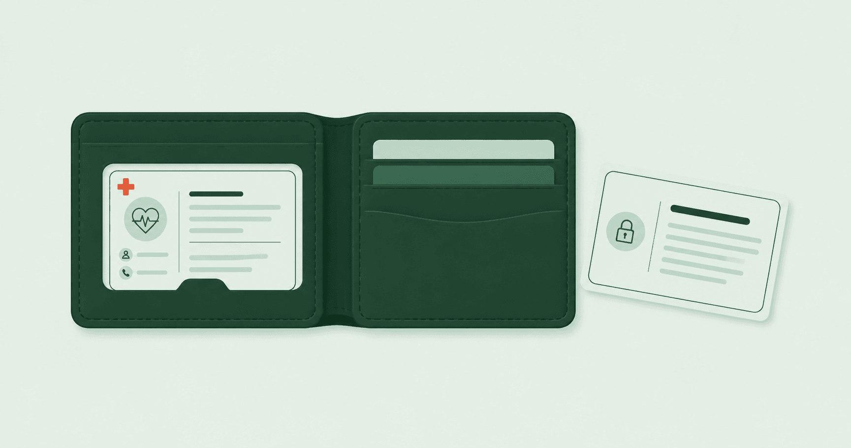 An open wallet holding an emergency medical card, with a second lock-marked card set aside beside it