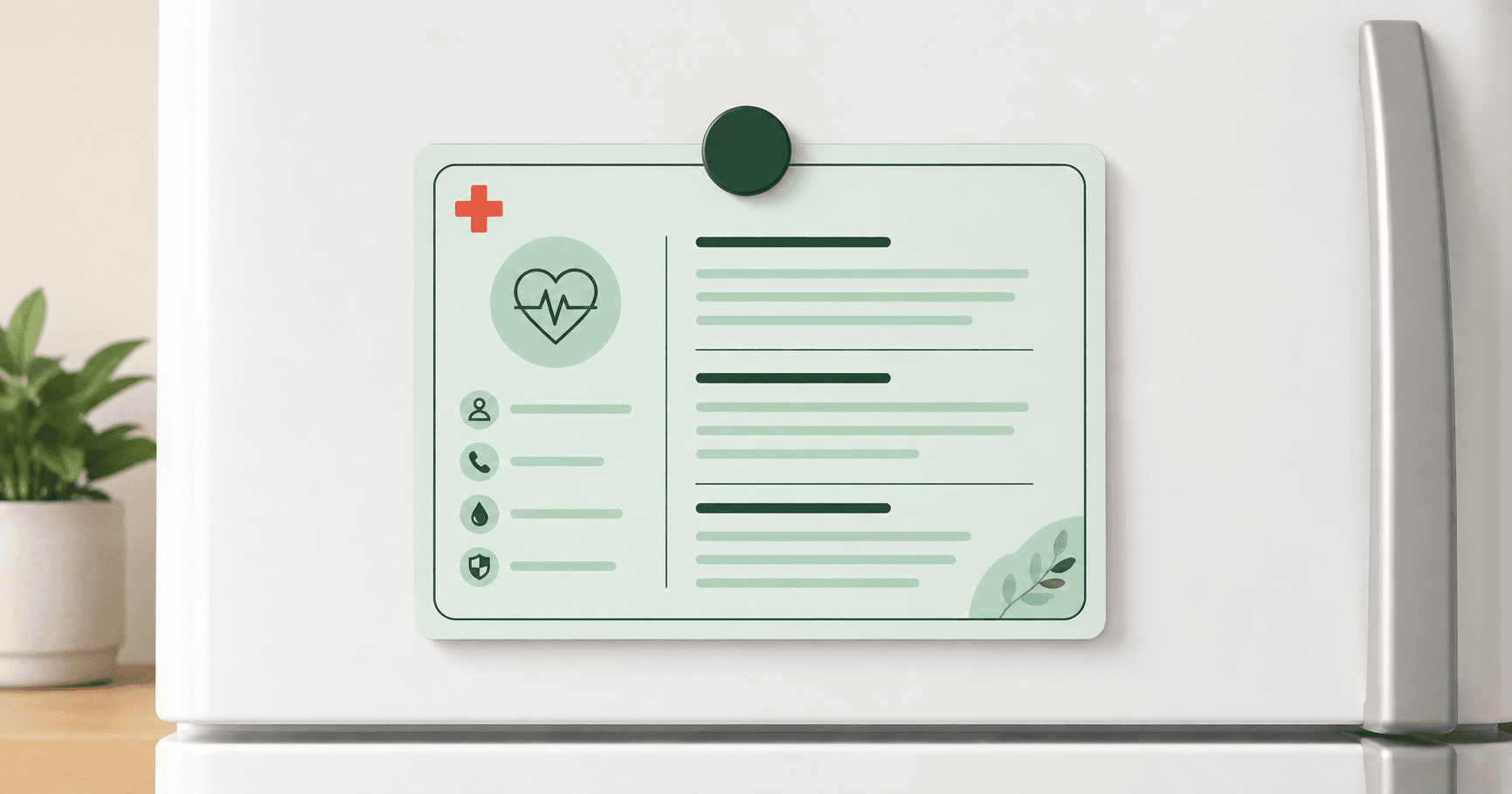 A printed emergency medical information card held to a refrigerator door with a magnet