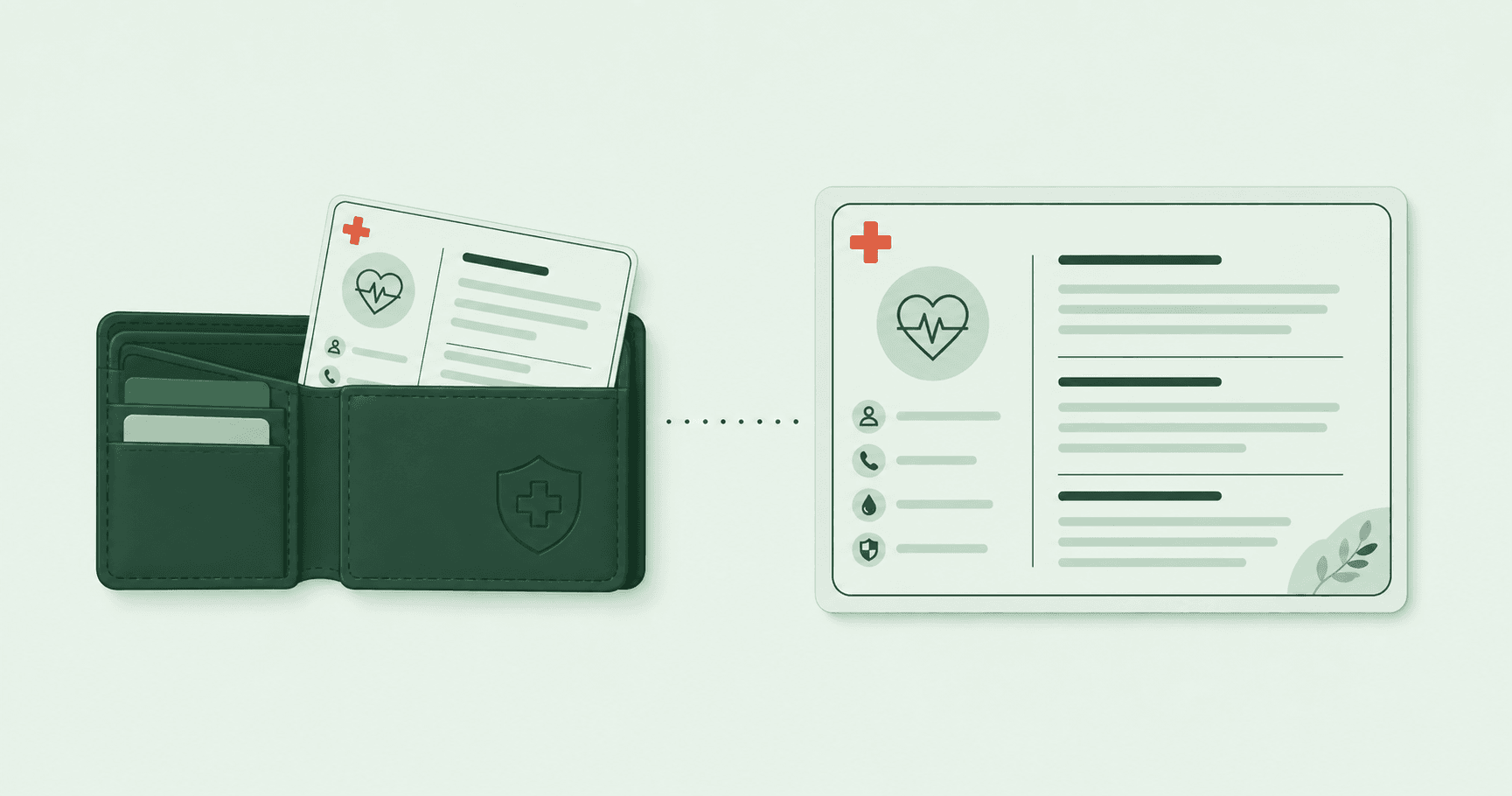 A printed emergency information card tucked in a wallet beside a matching fridge card